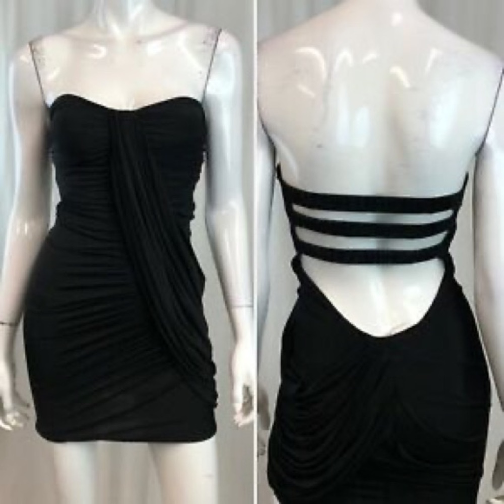Bebe Strapless Draped Open-Back Mini Dress